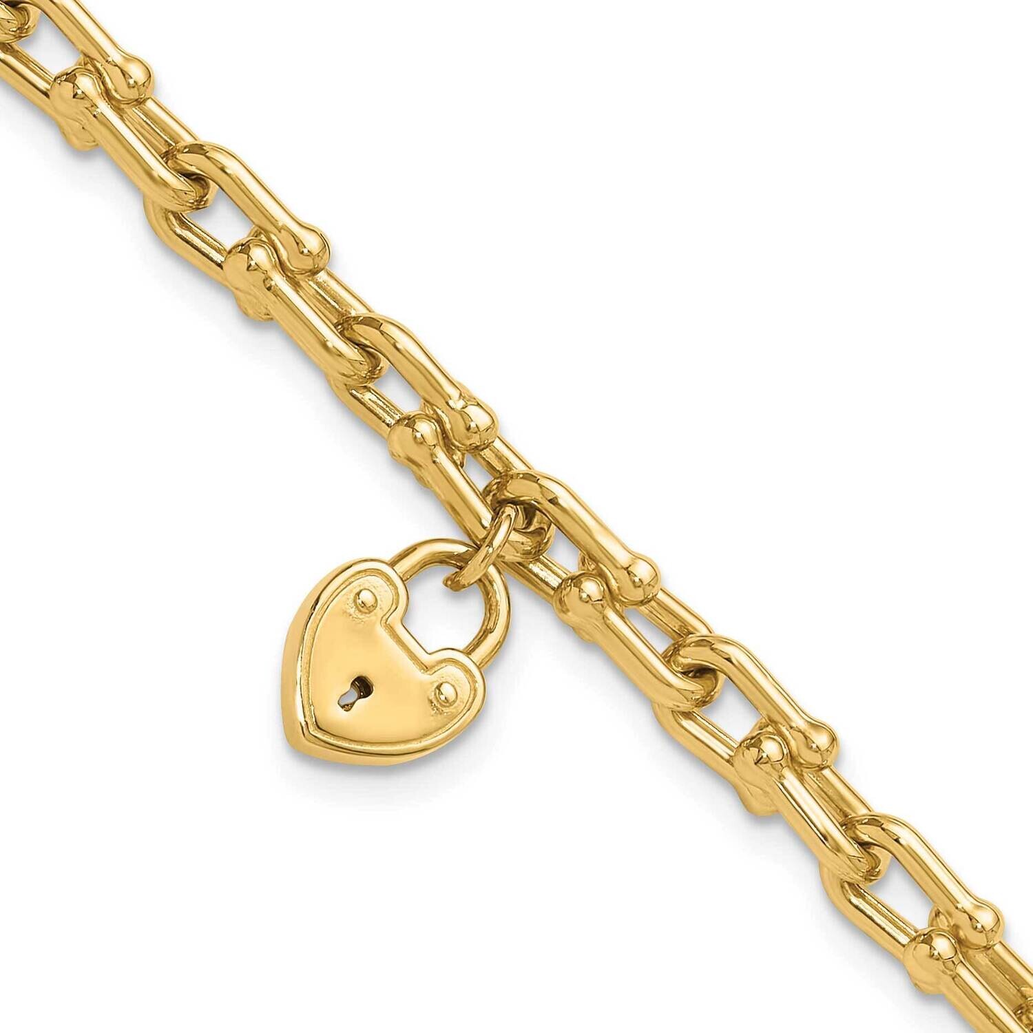 Heart Lock Charm Link Bracelet 7.5 Inch 14k Polished Gold FB1985-7.5, MPN: FB1985-7.5,