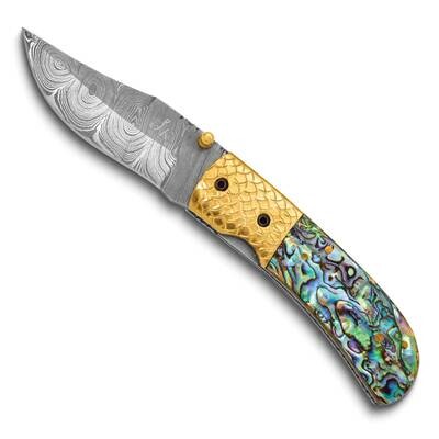 Damascus Steel 256 Layer Folding Blade Abalone Handle Knife KN3315, MPN: KN3315, 196904098776