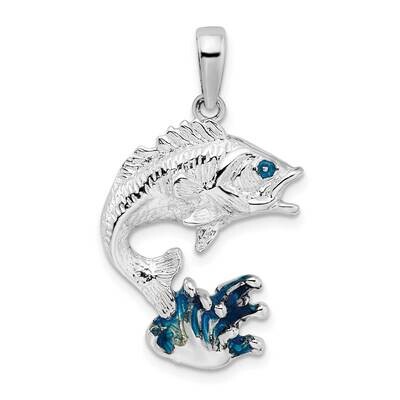 Enameled Jumping Bass Fish Pendant Sterling Silver Polished QC10625, MPN: QC10625, 637218144440
