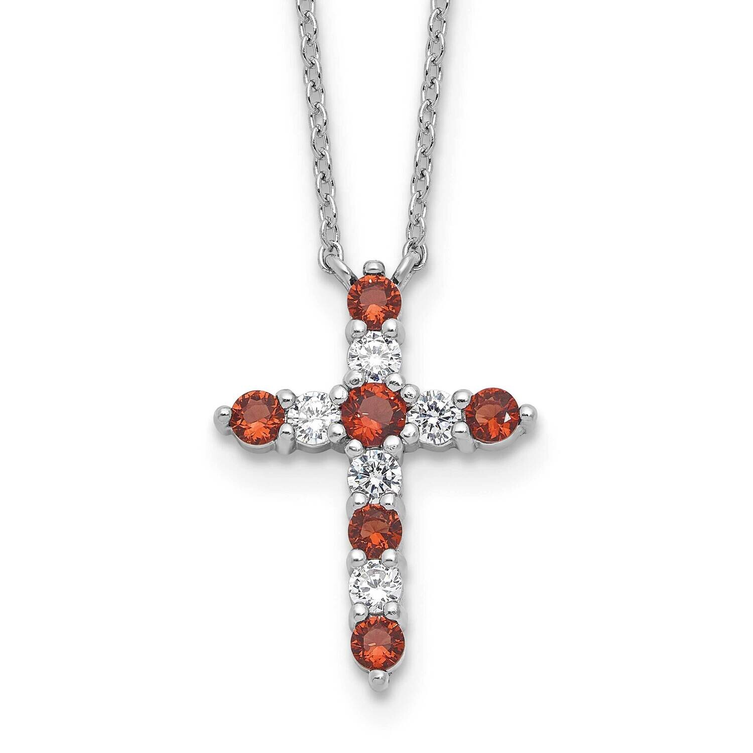 Red CZ January Birthstone Cross 2 Inch Extension Necklace Sterling Silver Rhodium-Plated QBPD36JAN