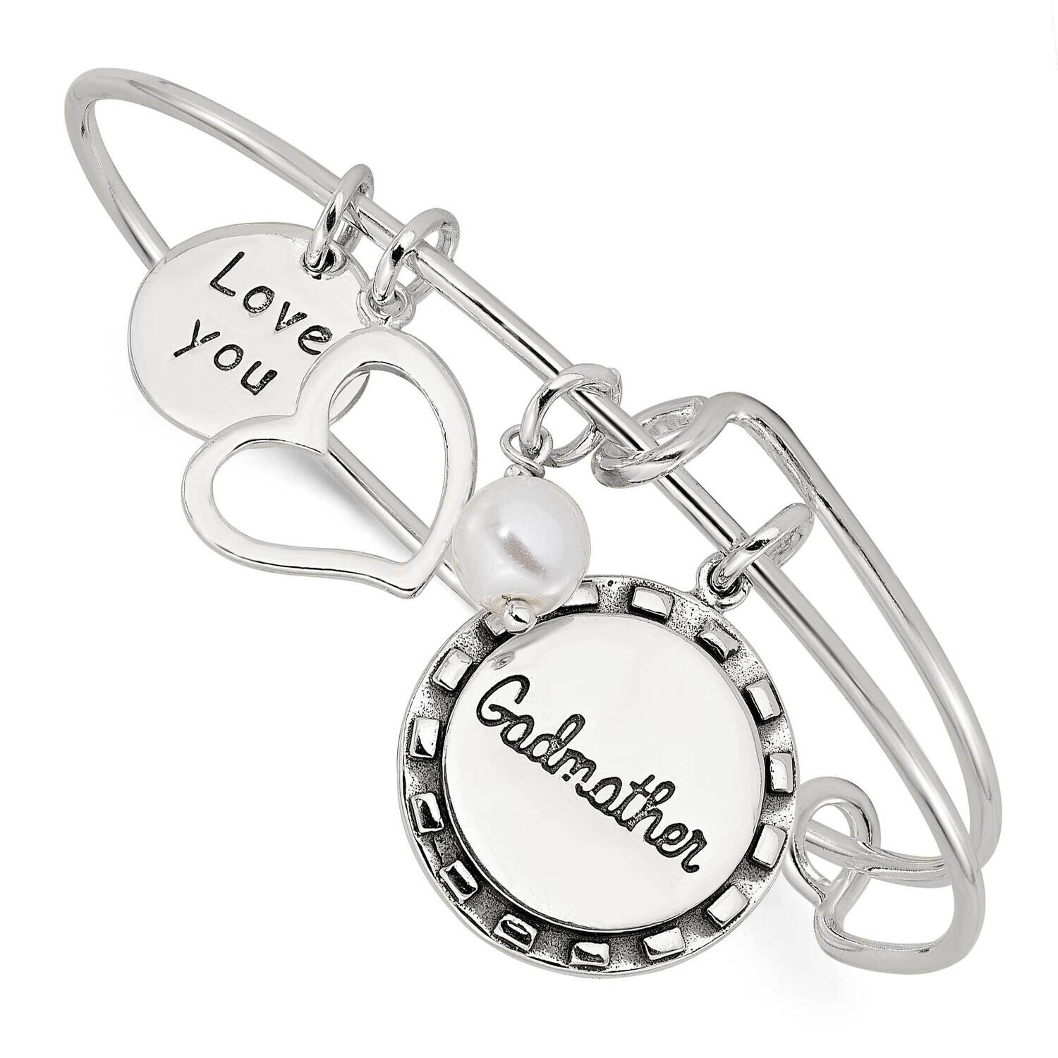 Antiqued Syn. Pearl Godmother Charm Adjustable Bangle Sterling Silver QB1506, MPN: QB1506,