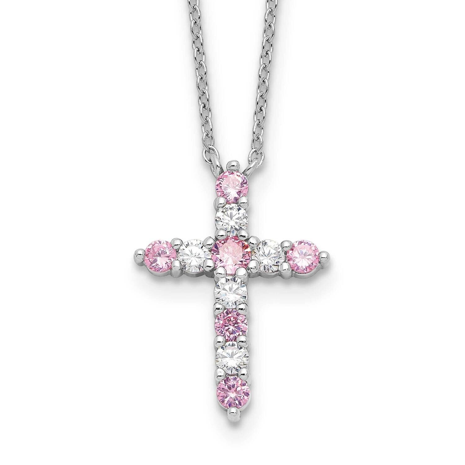 Pink CZ October Birthstone Cross 2 Inch Extension Necklace Sterling Silver Rhodium-Plated QBPD36OCT…