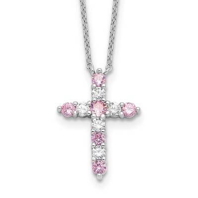 Pink CZ October Birthstone Cross 2 Inch Extension Necklace Sterling Silver Rhodium-Plated QBPD36OCT…