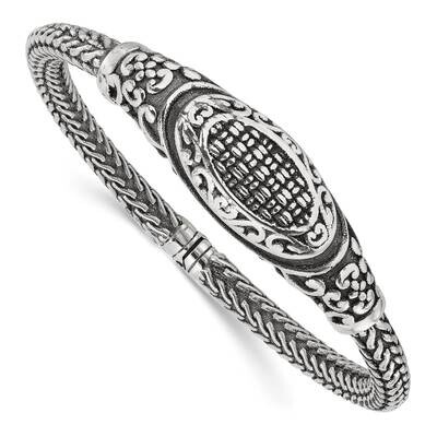 Antiqued Textured Hinged Bangle Bracelet 7 Inch Sterling Silver Polished QB1508, MPN: QB1508,