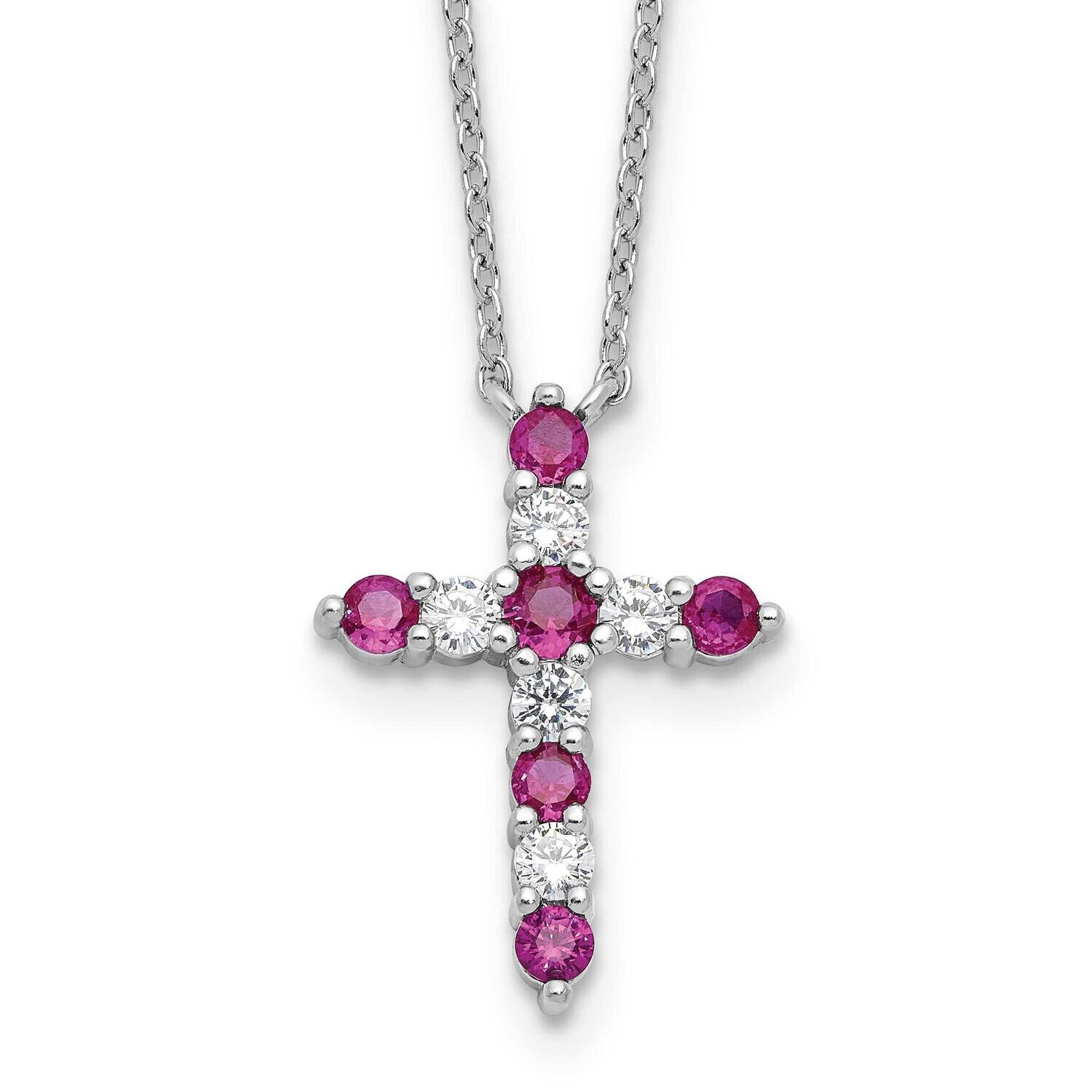 Dark Pink CZ July Birthstone Cross 2 Inch Extension Necklace Sterling Silver Rhodium-Plated QBPD36J…