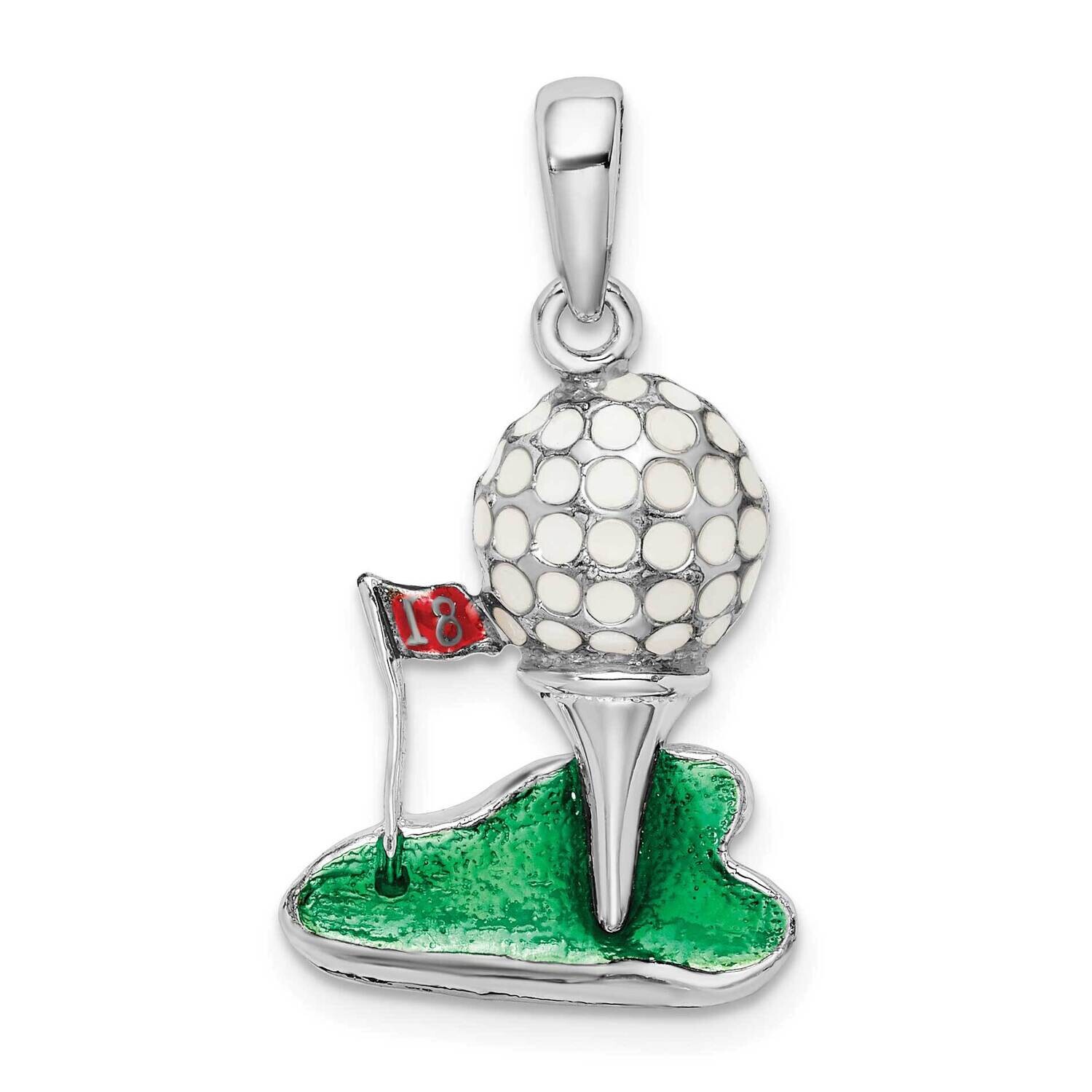 Enameled Golf Ball On Tee Pendant Sterling Silver Polished QC10687