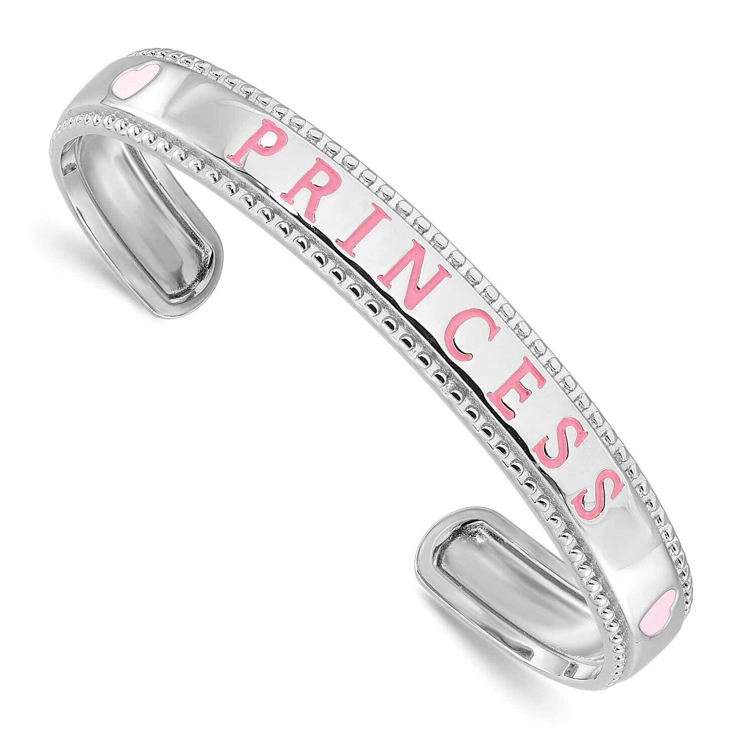 Polished &amp; Beaded Pink Enameled Princess Hearts Children&#39;s Cuff Bangle Bracelet Sterling Silver Rho…