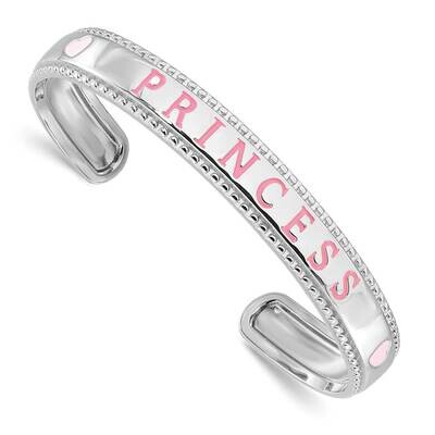 Polished &amp; Beaded Pink Enameled Princess Hearts Children&#39;s Cuff Bangle Bracelet Sterling Silver Rho…