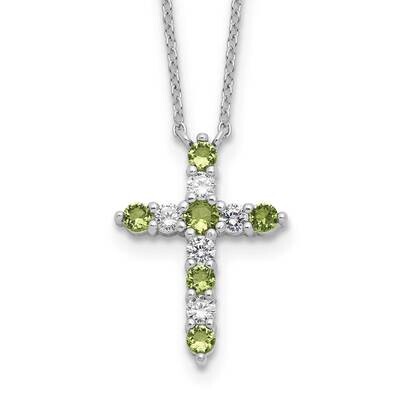 Green CZ August Birthstone Cross 2 Inch Extension Necklace Sterling Silver Rhodium-Plated QBPD36AUG…