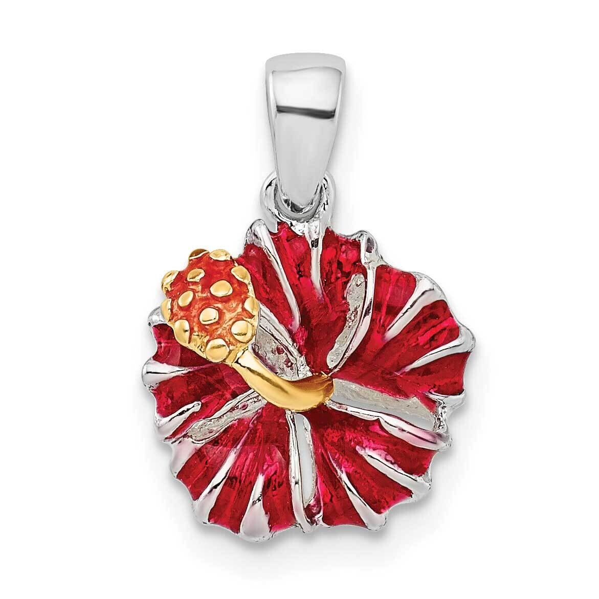 Enameled Red Hibiscus Pendant Sterling Silver Polished QC10738, MPN: QC10738, 637218185399