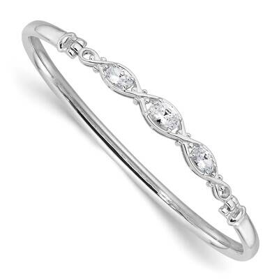 Polished CZ Hook Closure Bangle Bracelet Sterling Silver Rhodium-Plated QB1538, MPN: QB1538,