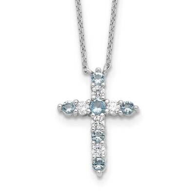 Light Blue CZ March Birthstone Cross 2 Inch Extension Necklace Sterling Silver Rhodium-Plated QBPD3…