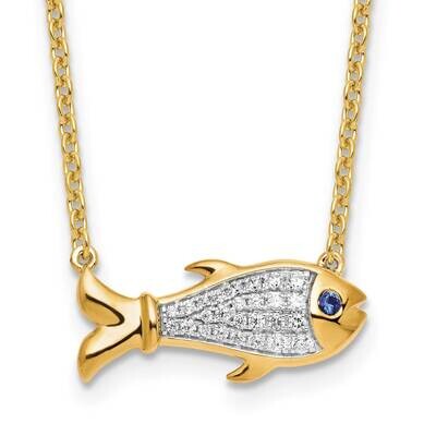 Diamond Created Blue Sapphire Fish Necklace 14k Gold PM9690-CSA-025-YLG, MPN: PM9690-CSA-025-YLG, 8…