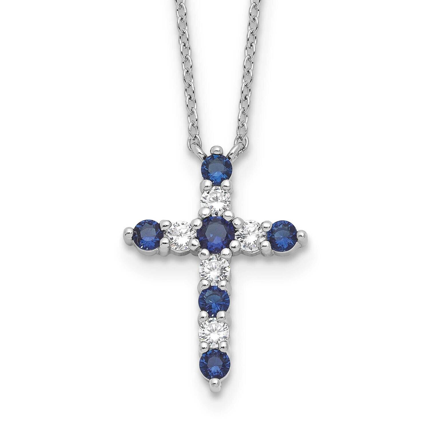 Dark Blue CZ Sept Birthstone Cross 2 Inch Extension Necklace Sterling Silver Rhodium-Plated QBPD36S…