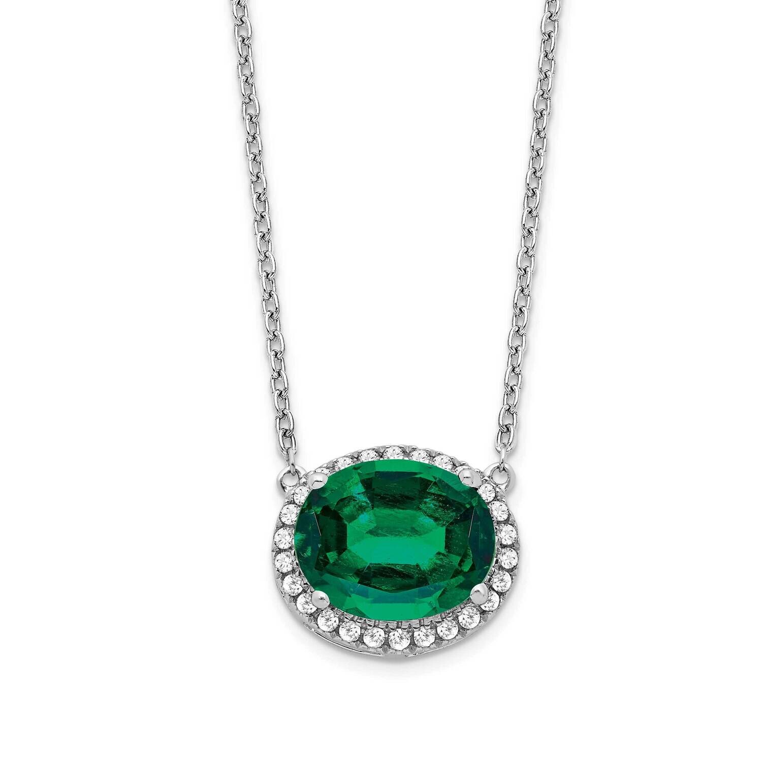 Oval Created Emerald Diamond 18 Inch Halo Necklace 14k White Gold PM7228-EM-016-WA