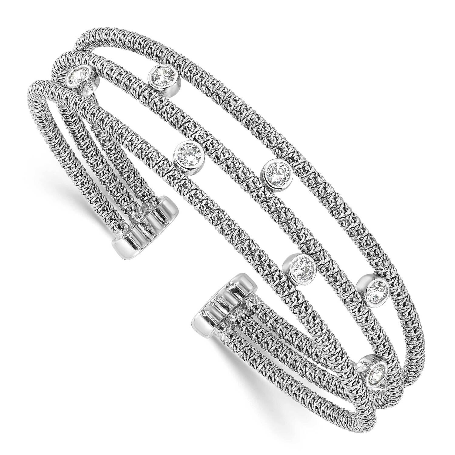 Rhodium-Plated Textured 3 BCZ Cuff Bracelet Sterling Silver Polished QB1531