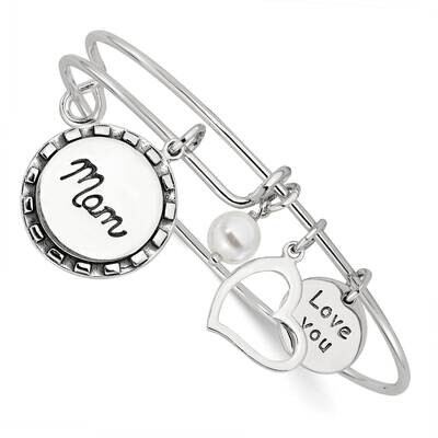 Antiqued Syn. Pearl Love You Mom Charm Adjustable Bangle Sterling Silver QB1505, MPN: QB1505,