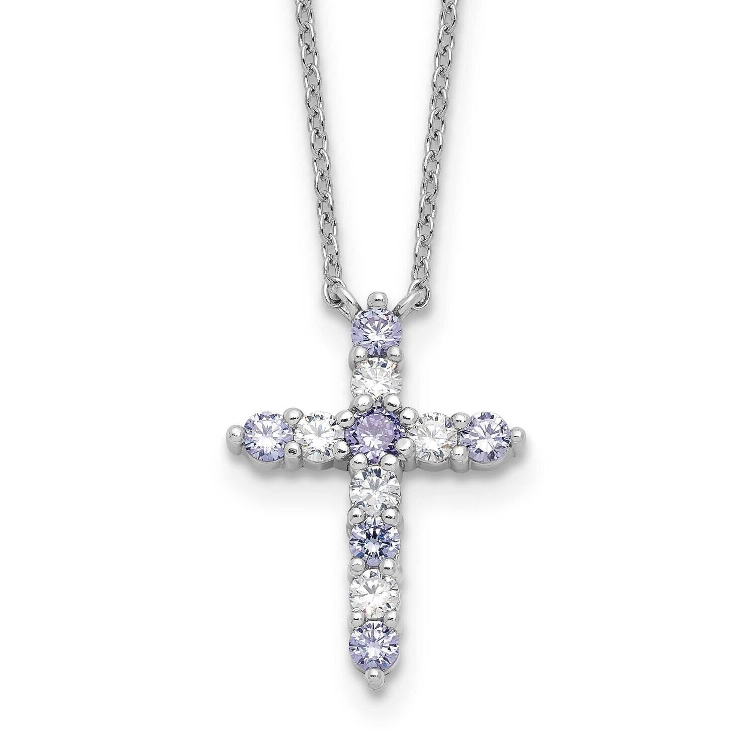 Lt Purple CZ June Birthstone Cross 2 Inch Extension Necklace Sterling Silver Rhodium-Plated QBPD36J…