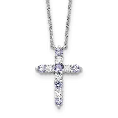 Lt Purple CZ June Birthstone Cross 2 Inch Extension Necklace Sterling Silver Rhodium-Plated QBPD36J…