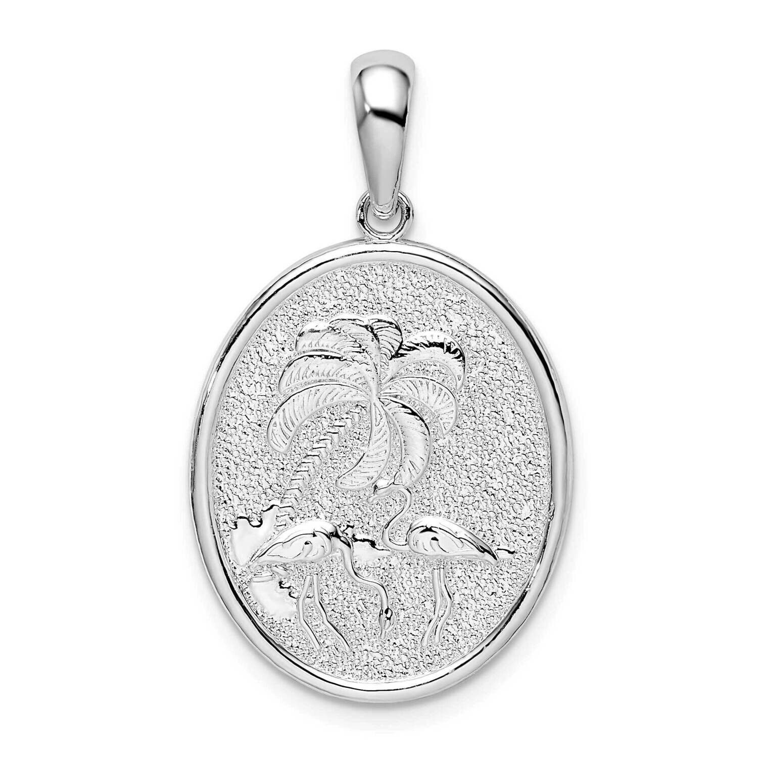 Textured Flamingos Palm Tree Oval Pendant Sterling Silver QC10358