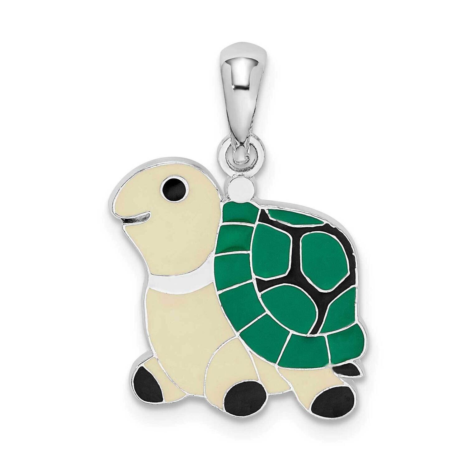 Enameled Green Turtle Pendant Sterling Silver Polished QC10731