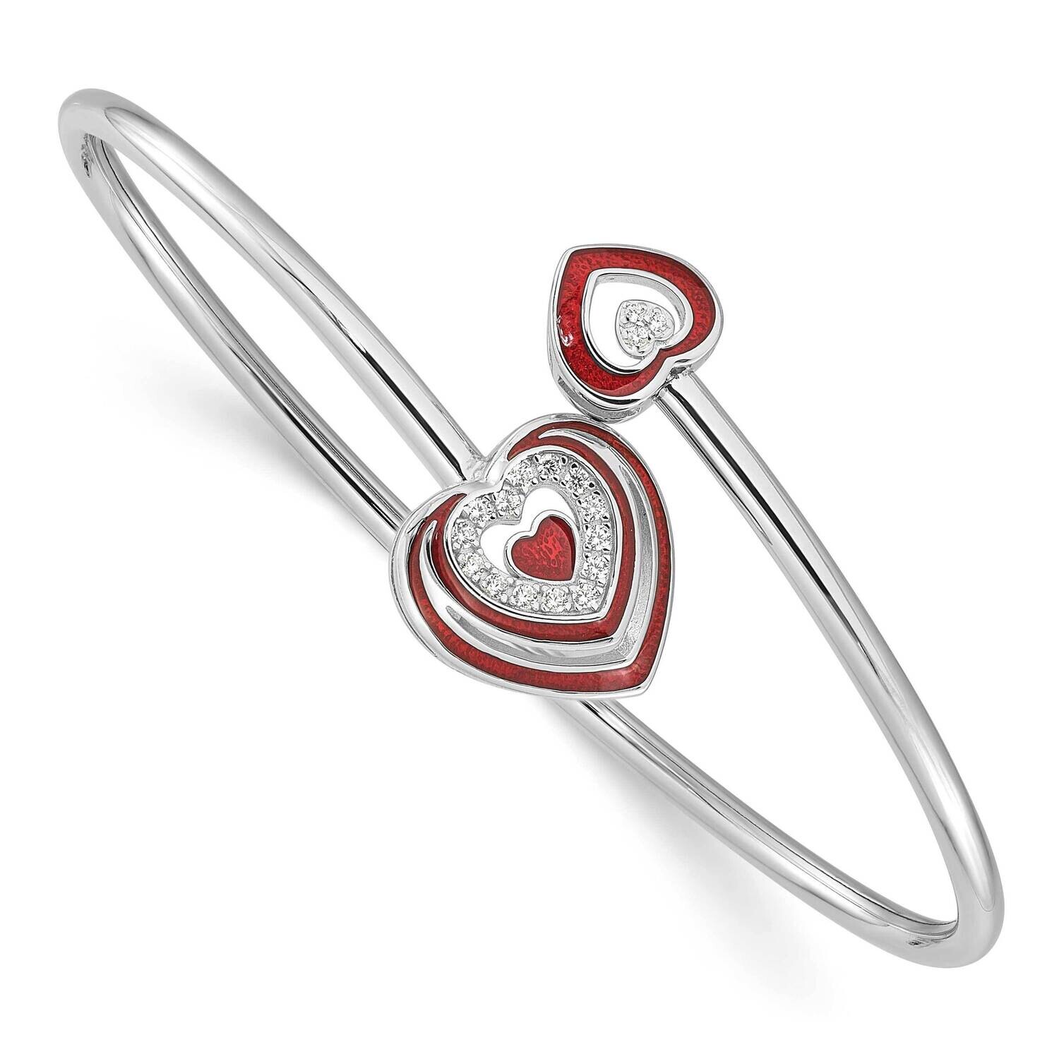 Rh-Plated CZ Red Enamel Heart Flexible Cuff Bangle Bracelet Sterling Silver QB1537, MPN: QB1537,
