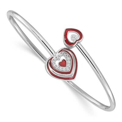 Rh-Plated CZ Red Enamel Heart Flexible Cuff Bangle Bracelet Sterling Silver QB1537, MPN: QB1537,