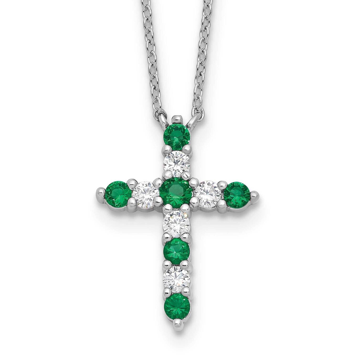 Green CZ May Birthstone Cross 2 Inch Extension Necklace Sterling Silver Rhodium-Plated QBPD36MAY