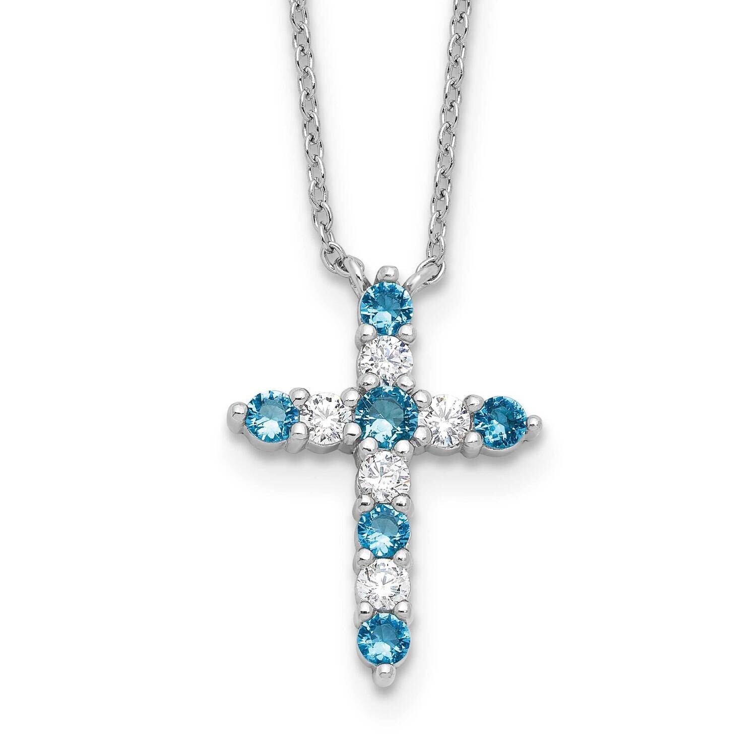 Blue CZ December Birthstone Cross 2 Inch Extension Necklace Sterling Silver Rhodium-Plated QBPD36DE…