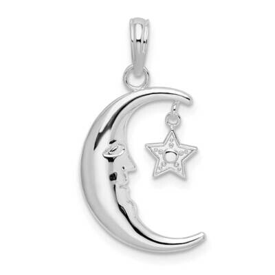 Moveable Polished Crescent Moon Star Pendant Sterling Silver QC10518, MPN: QC10518, 637218182831