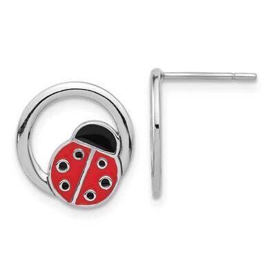 Enameled Ladybug On Ring Post Earrings Sterling Silver Rhodium-Plated QE17616, MPN: QE17616,