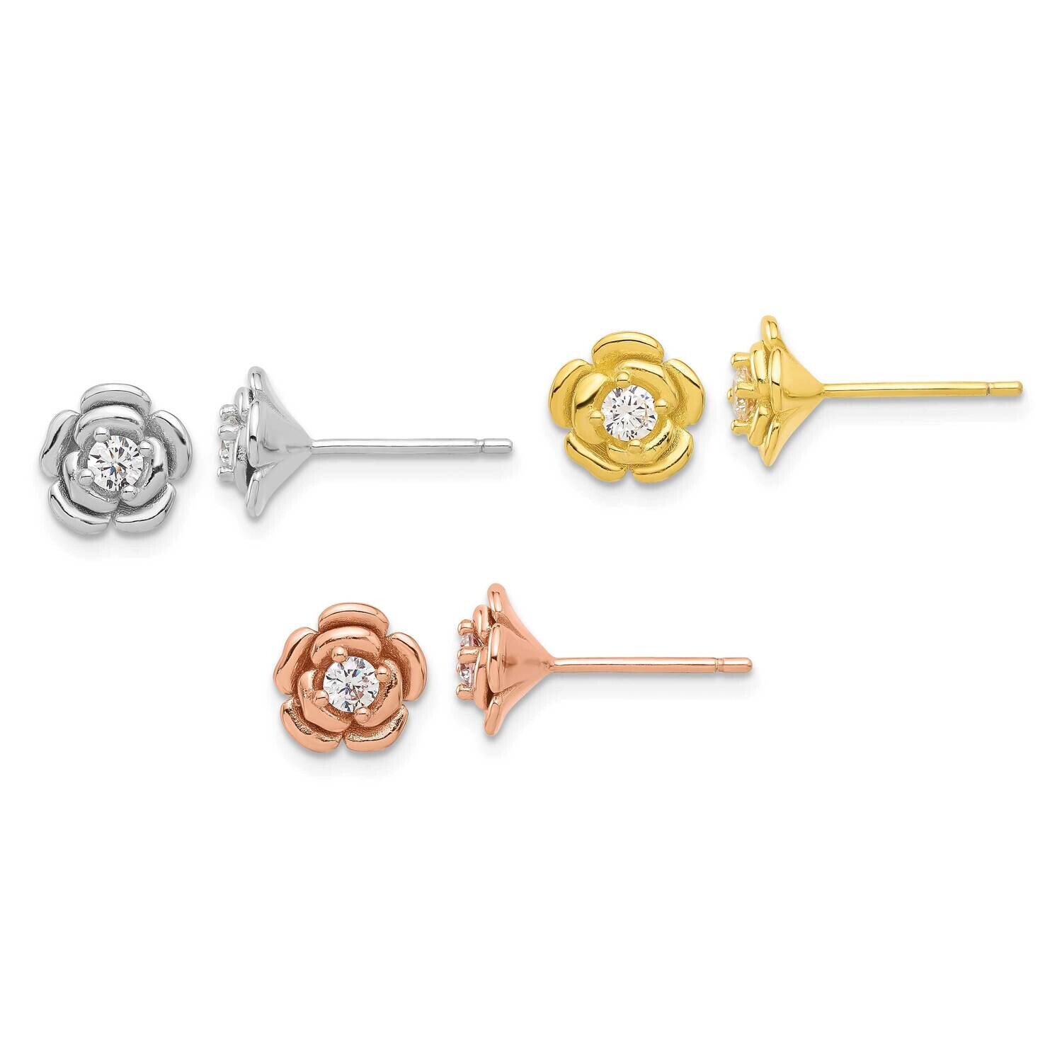 Rhod-Plt Gold Rose-Tone CZ Rose 3 Pair Earrings Set Sterling Silver QE16729SET, MPN: QE16729SET,