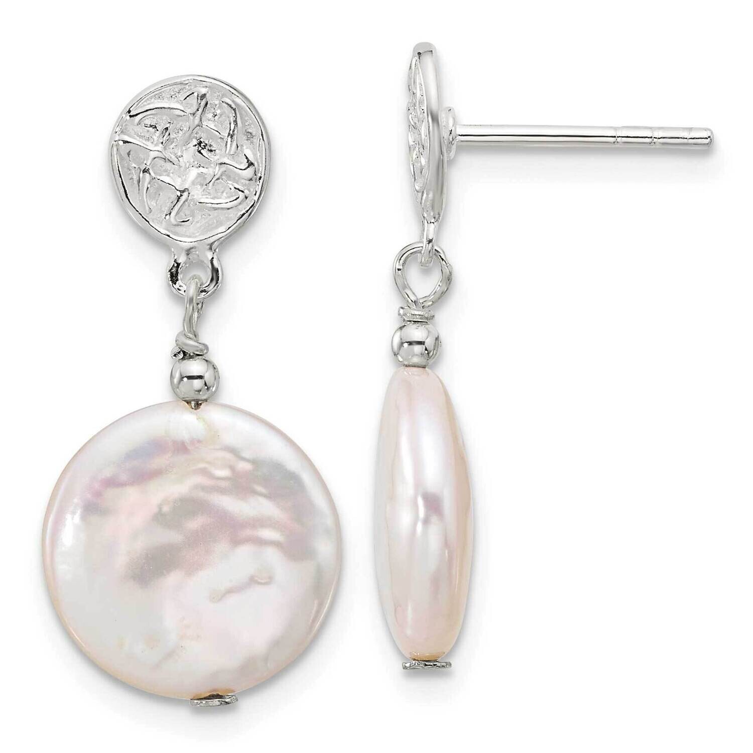 &amp; Textured Fwc Pearl Post Dangle Earrings Sterling Silver Polished QE17393, MPN: QE17393,