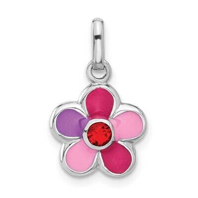 Enameled Red Crystal Flower Charm Pendant Sterling Silver Rhodium-Plated QC11315, MPN: QC11315,