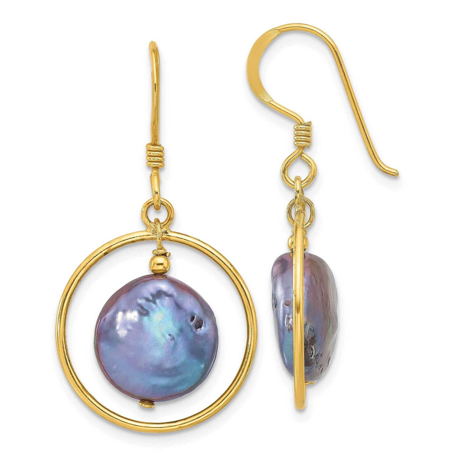 Gold-Plated Polished Black Fwc Coin Pearl Dangle Earrings Sterling Silver QE17284GP, MPN: QE17284GP,