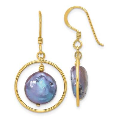 Gold-Plated Polished Black Fwc Coin Pearl Dangle Earrings Sterling Silver QE17284GP, MPN: QE17284GP,