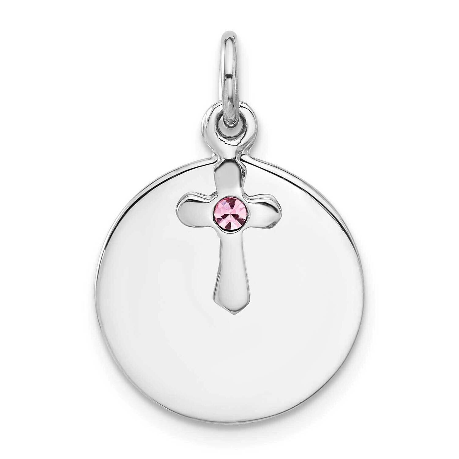 Rhodium-Plated Circle Disk CroPink Crystal Pendant Sterling Silver QC11428, MPN: QC11428,