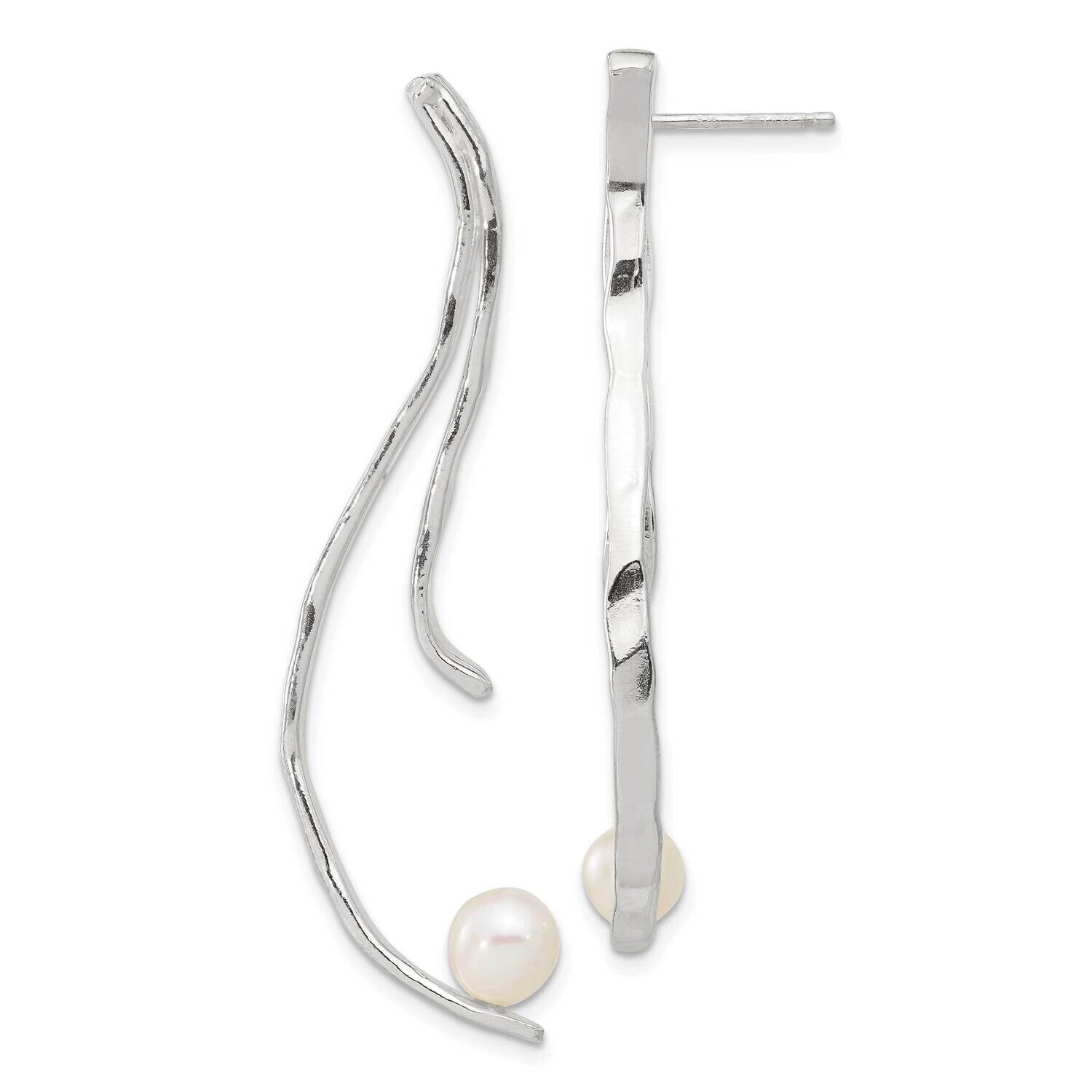Rh-Pltd Polish Hammered Fwc Pearl Post Dangle Earrings Sterling Silver QE16717, MPN: QE16717,