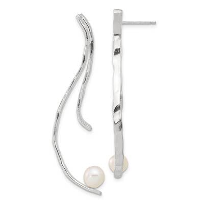 Rh-Pltd Polish Hammered Fwc Pearl Post Dangle Earrings Sterling Silver QE16717, MPN: QE16717,