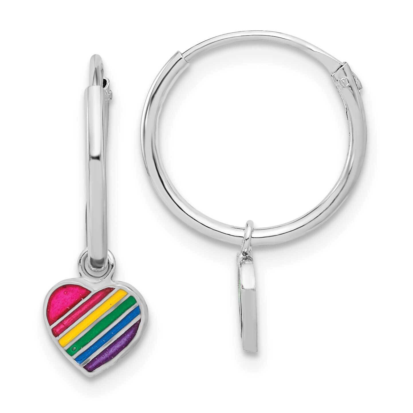 Rh-Plt Enamel Rainbow Heart Dangle Eternity Hoop Earrings Sterling Silver QE17528