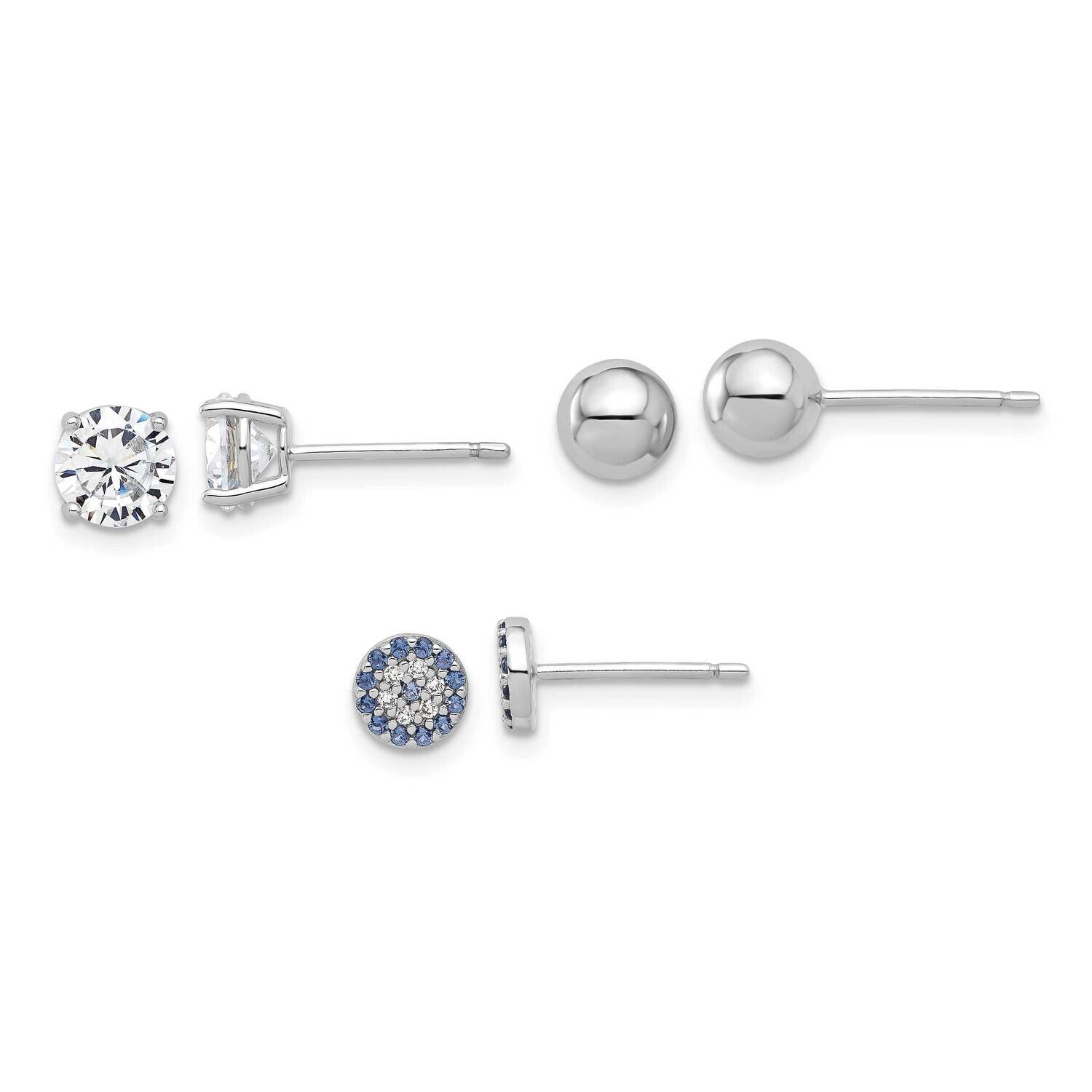 Rhod-Plated CZ Glass Crystal Ball 3 Pair Earrings Set Sterling Silver QE16728SET, MPN: QE16728SET,