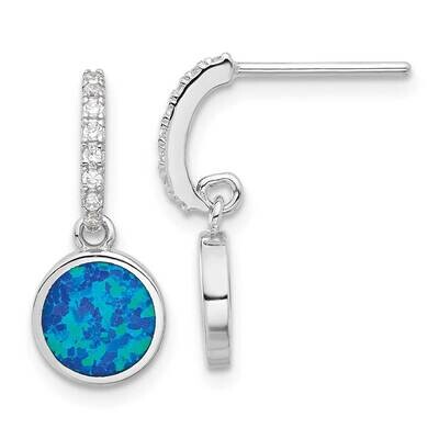 Rh-Plated Polished CZ &amp; Blue Cr. Opal Post Dangle Earrings Sterling Silver QE17444, MPN: QE17444,