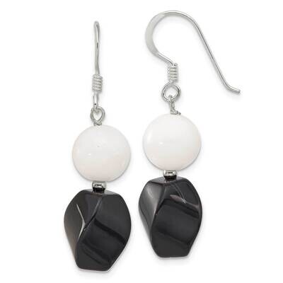 Black Agate &amp; White Jade Dangle Earrings Sterling Silver Polished QE17394, MPN: QE17394,