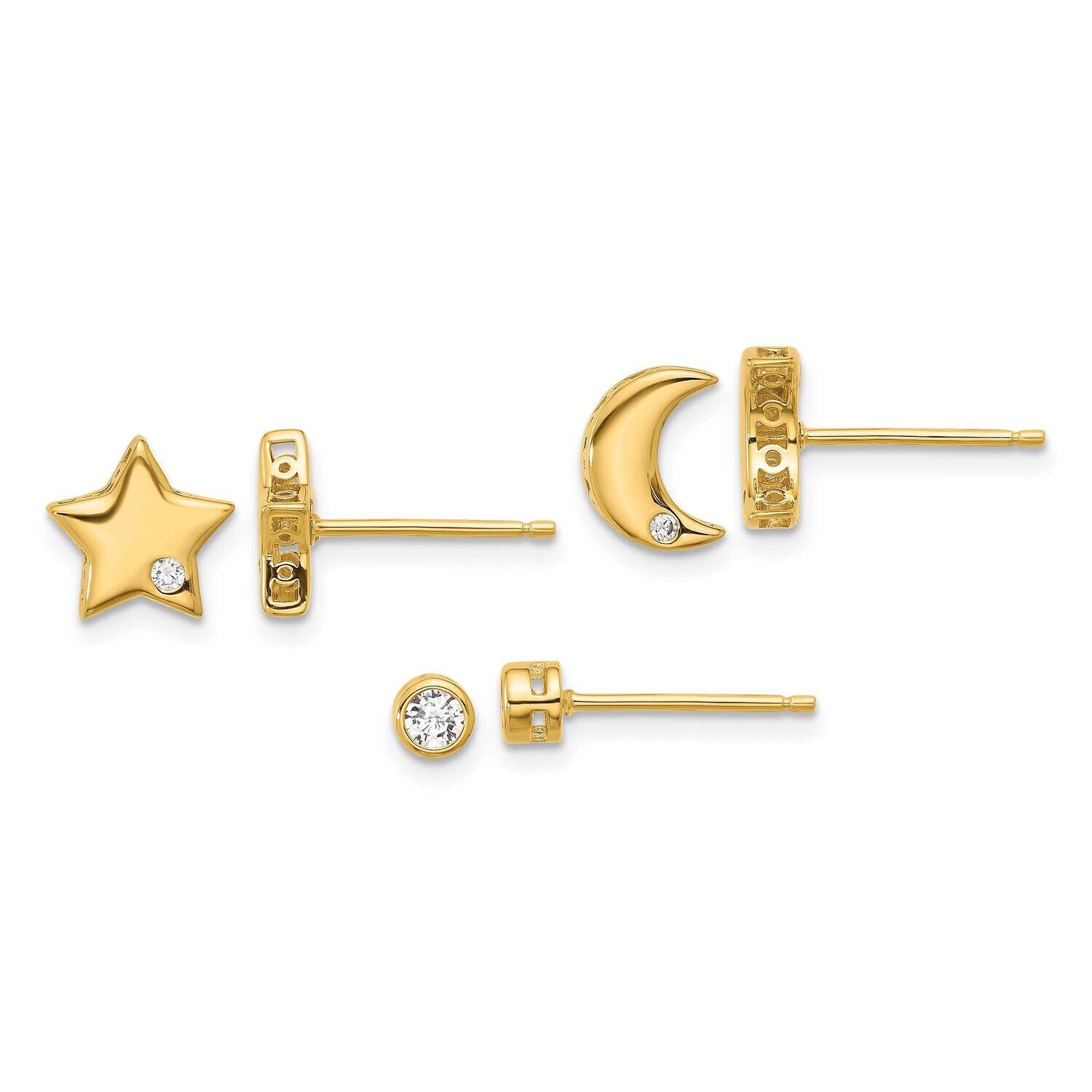 Gold-Tone CZ Moon Star Round Set Of 3 Post Earring Set Sterling Silver QE16725GPSET, MPN: QE16725GP…