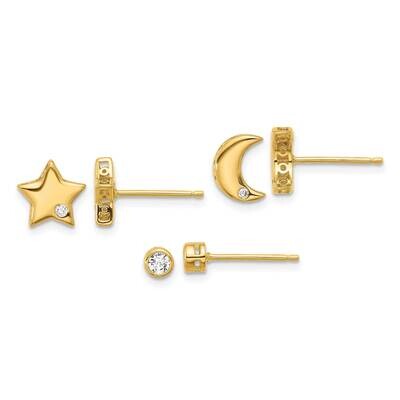Gold-Tone CZ Moon Star Round Set Of 3 Post Earring Set Sterling Silver QE16725GPSET, MPN: QE16725GP…