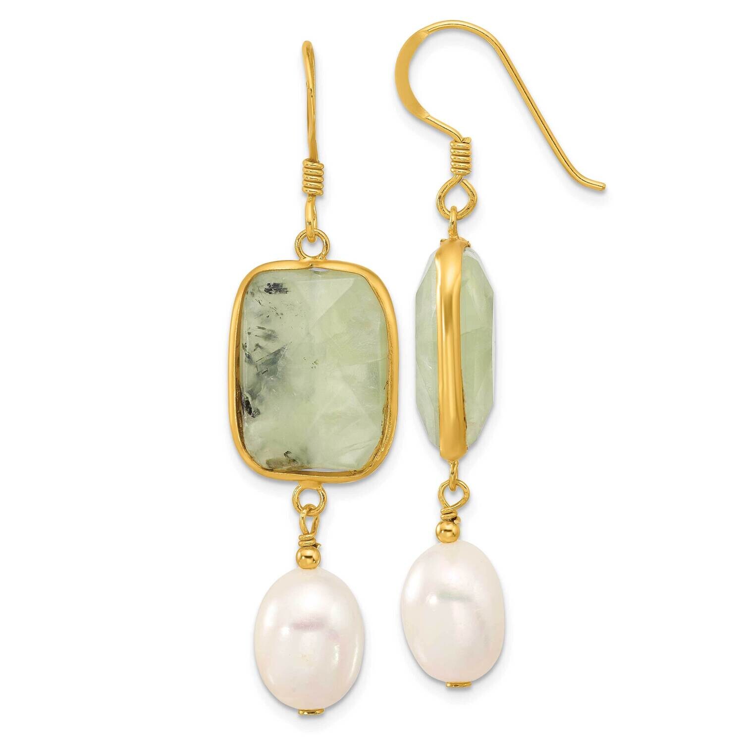 Gold-Plated Polished Fwc Pearl &amp; Prehnite Dangle Earrings Sterling Silver QE17355, MPN: QE17355,
