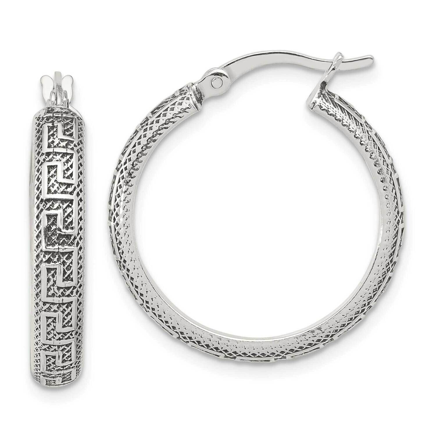 Antiqued Textured Greek Key Large Round Hoop Earrings Sterling Silver QE16874, MPN: QE16874,