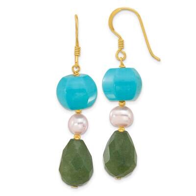 Gold-Pltd Fwc Pearl Aventurine &amp; Recon. Turquoise Earrings Sterling Silver QE17368, MPN: QE17368,