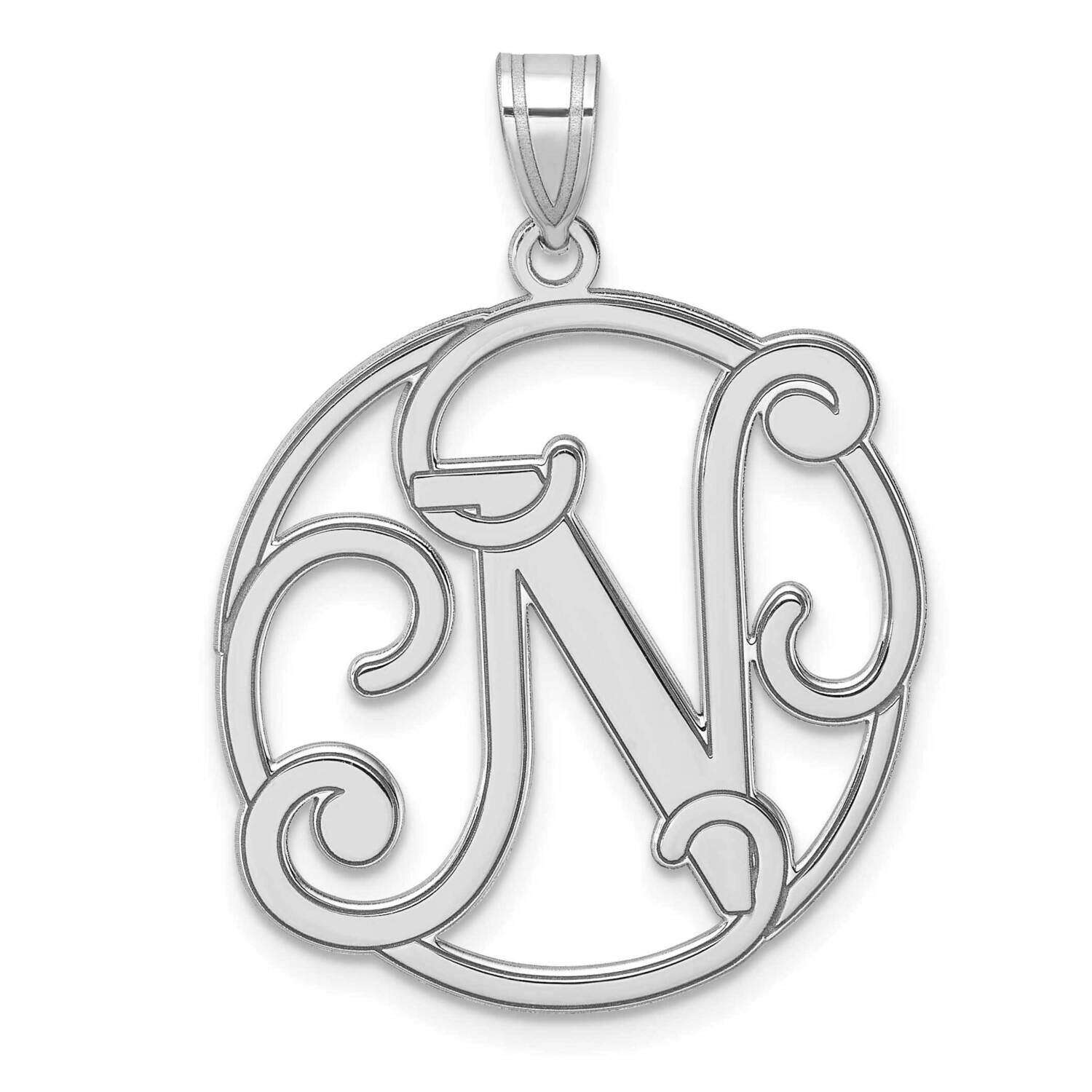 Large Fancy Script Letter N Initial Pendant Sterling Silver Rhodium-Plated QC11258N, MPN: QC11258N,