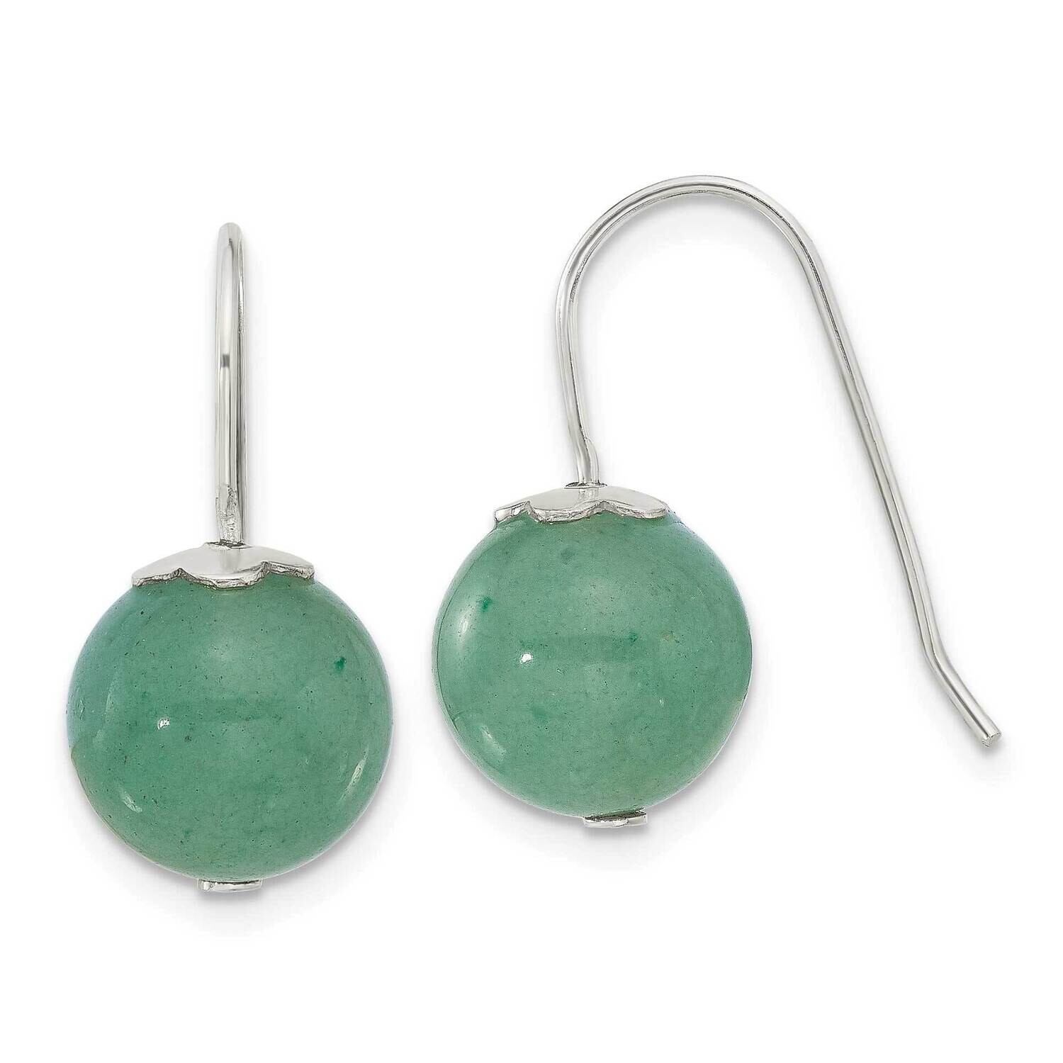 10mm Round Green Aventurine Dangle Earrings Sterling Silver Polished QE17344, MPN: QE17344,